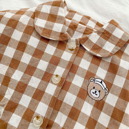 Baby Checkerboard Pattern Bear Patched Design Coat