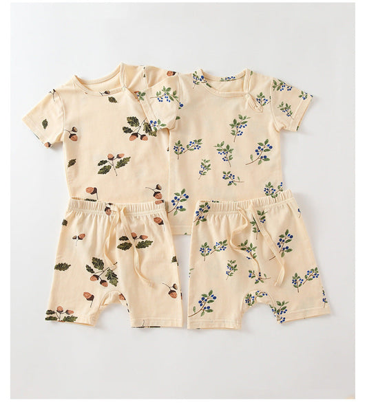 Baby Printed Pattern Round Collar With Button Short-Sleeved Top Combo