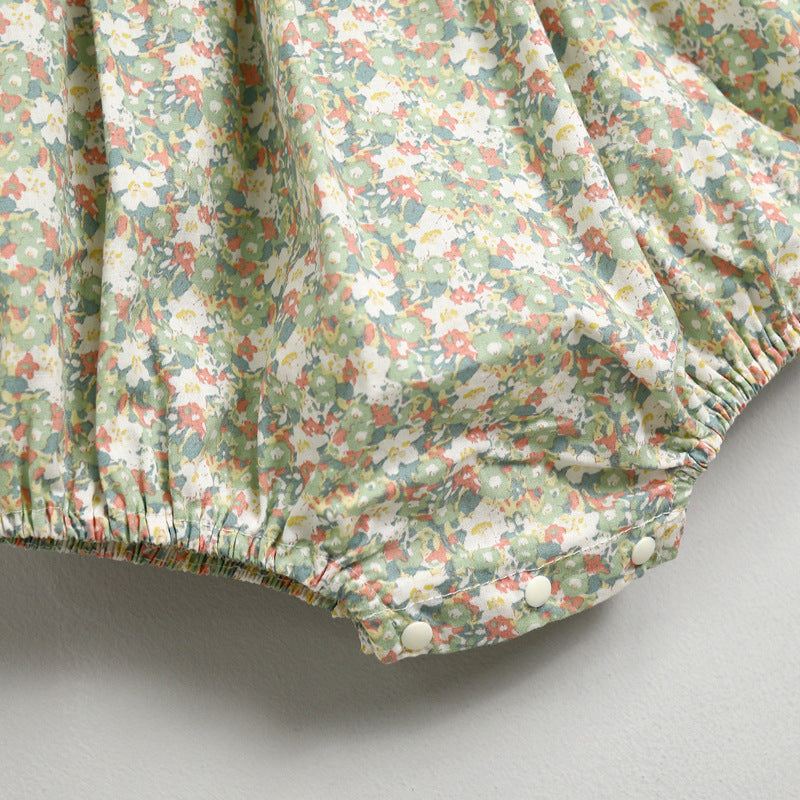 Baby Girls Floral Print Pattern Round Collar Puff Sleeves Onesies In