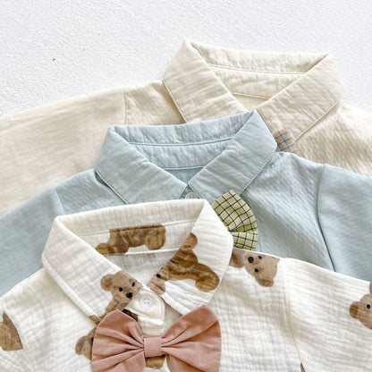 Baby Boy Solid Color & Bear Print Shirt Single Breasted Design