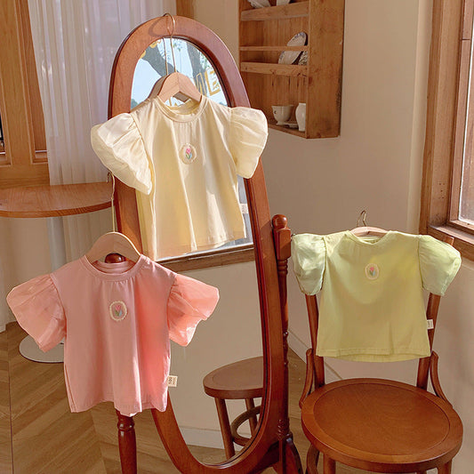 Summer New Design Girls Crew Neck Short Lantern Sleeves Little Flower