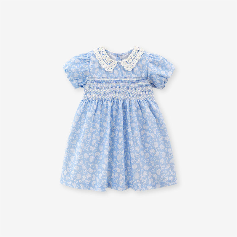 Baby Kids Girls Lace Collar Floral Design Short Sleeves Dress