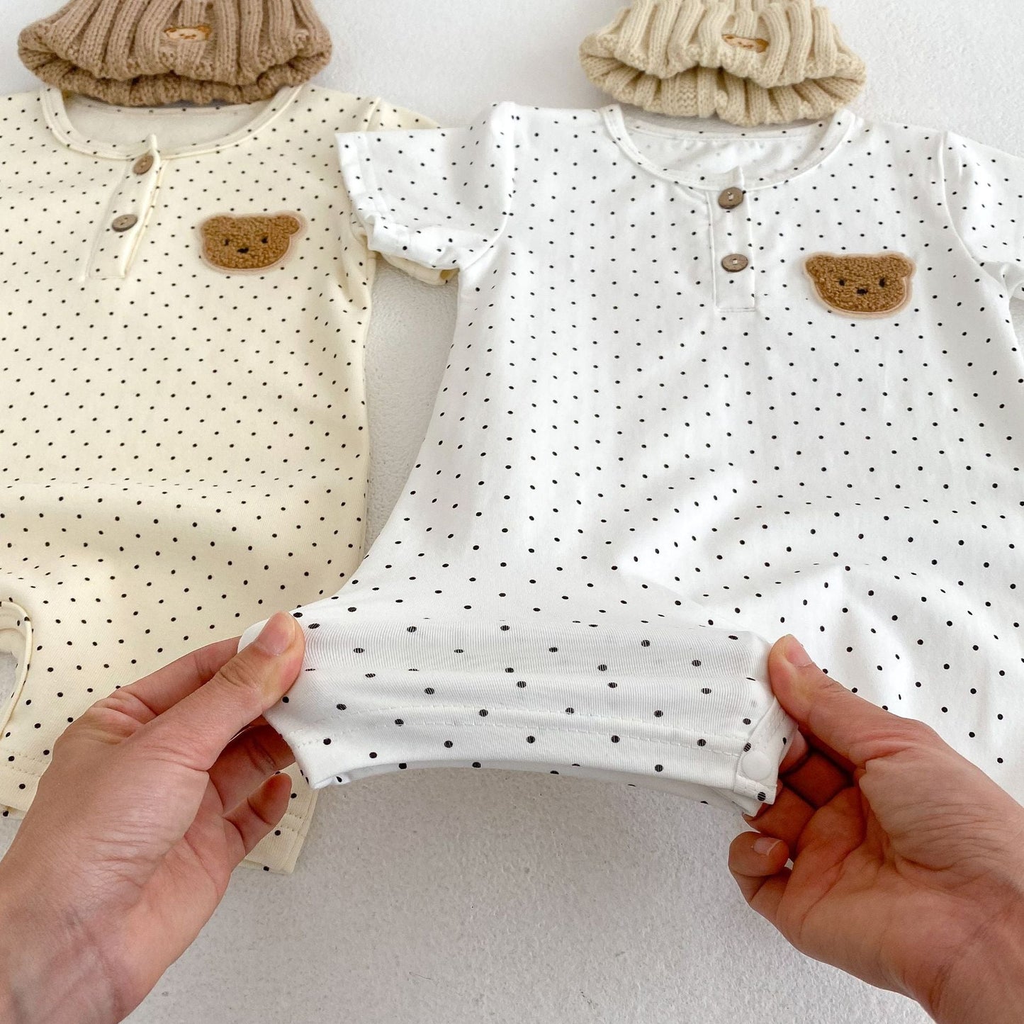 Baby Bear Pattern Dot Graphic Crewneck Rompers In Summer