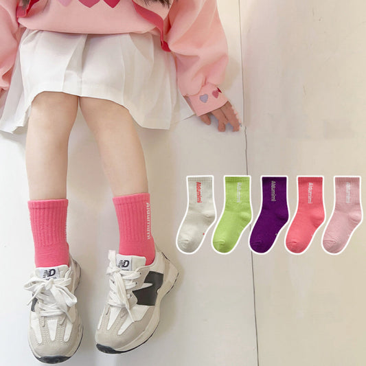 Baby Solid Color Letter Print Pattern Mid-Tube Socks 1bag=5pairs