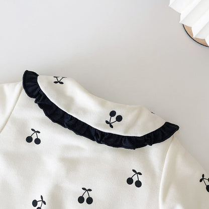 Baby Girl CHerry Pattern Mesh Patched Design Thermal Romper