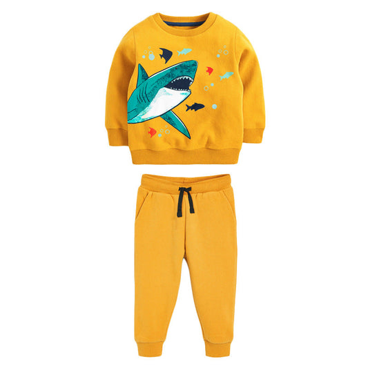 Baby Boy Cartoon Shark Graphic Hoodie Combo Solid Yellow Trousers