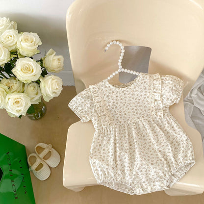 Baby Girl White Ditsy Flower Pattern Round Neck Onesies