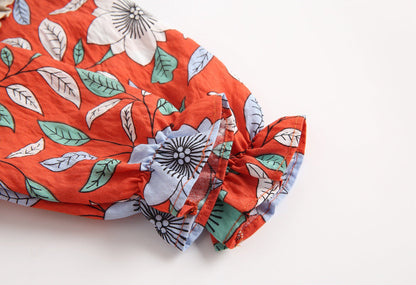 Baby Girl Floral Print Round Collar Long-Sleeved Cotton Onesies