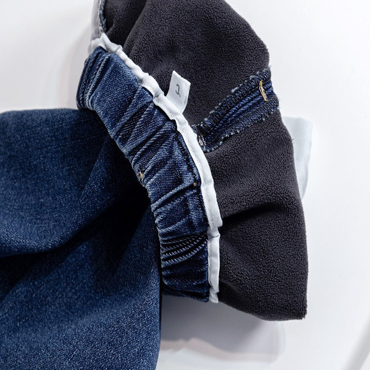 Baby Girl Embroidered Pattern Thickened Fleece Denim Pants