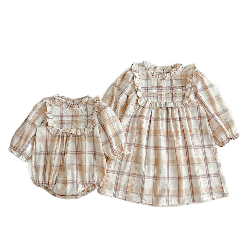 Western Style Plaid Pattern Sisterly Onesie & Dress