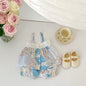 Baby Floral Pattern Patchwork Sling Tops With Shorts Sets