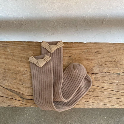 Baby Girl Solid Color Bow Patched Design Mid Tube Autumn Socks