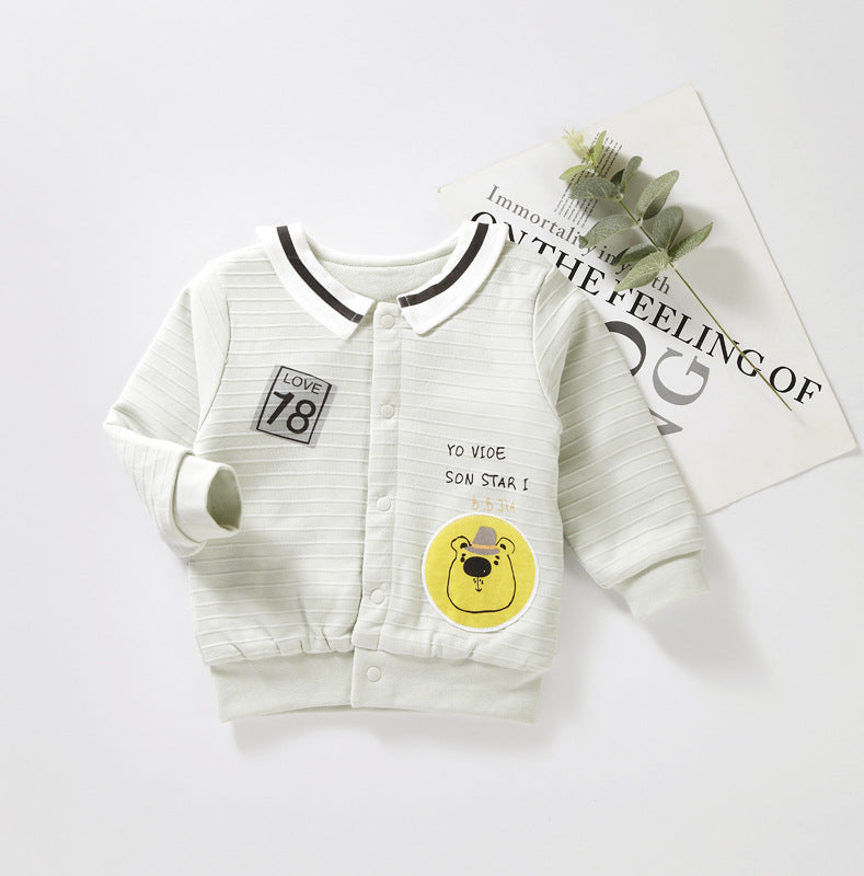 Baby Cartoon Bear Pattern Lapel Design Quilted Warm Coat