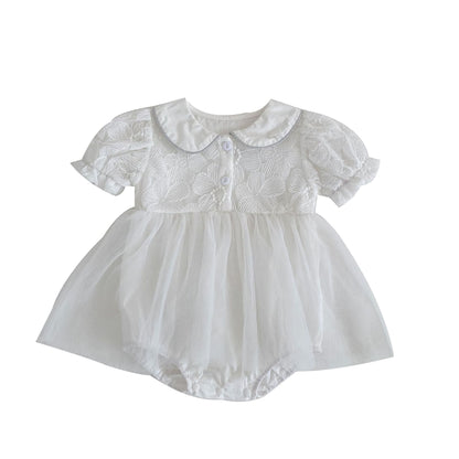 Baby Girl Solid Color Mesh Patched Design Summer Onesies Dress
