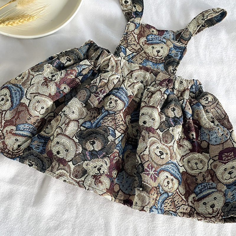 Baby Girls Solid Top Combo Cartoon Pattern Overalls Dress In Sets