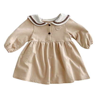 Baby Cartoon Bear Pattern Lapel Cute Long Sleeve Dress & Onesies