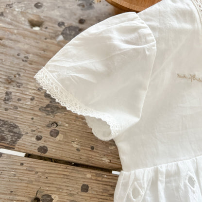 Baby Girl Solid Combo Embroidered Short-Sleeved Square Collar Dress