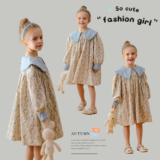 French Style Autumn Girls Floral Argyle Pattern Long Sleeves Dress