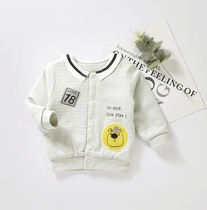 Baby Cartoon Bear Pattern Lapel Design Quilted Warm Coat