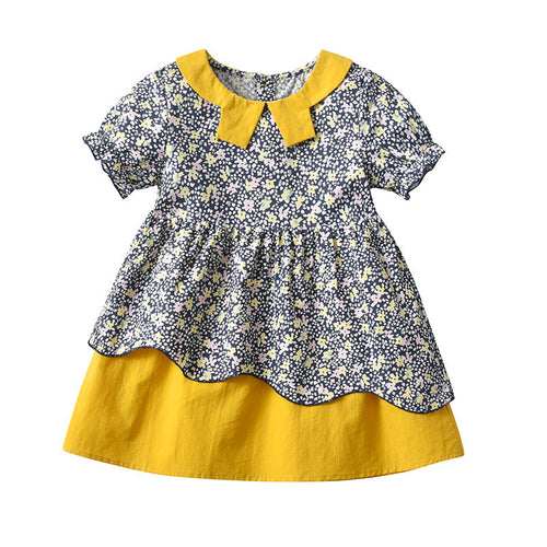 Baby Girl Floral Print Doll Neck Patchwork Design Cotton Dress