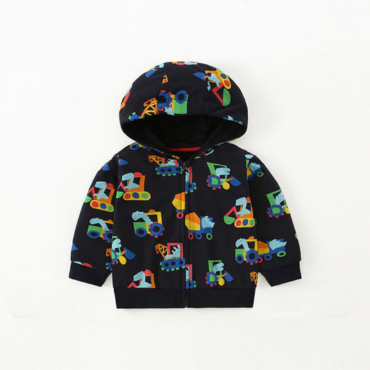 Baby Boy All Over Excavators Pattern Zipper Front Design Coat