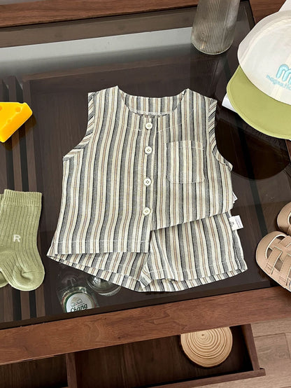 Summer Baby Kids Boys Striped Pattern Sleeveless Vest And Shorts
