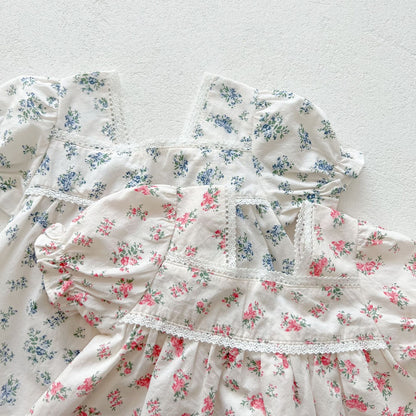 Baby Girl Floral Print Squared Collar Short Sleeved Dress Combo Short