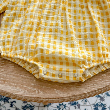 Baby Girl Yellow Plaid Pattern Ruffle Lapel Design Bodysuit