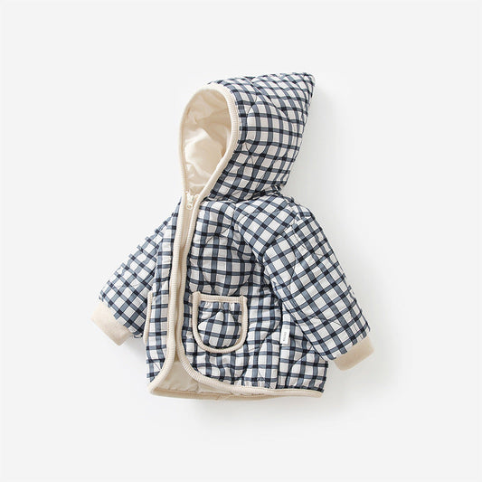 Baby Girl Plaid Pattern Zipper Front Design Thickened Jacket In Winter