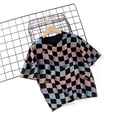 Baby Boy Checkerboard Pattern Short Sleeve Crewneck Tee