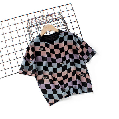 Baby Boy Checkerboard Pattern Short Sleeve Crewneck Tee