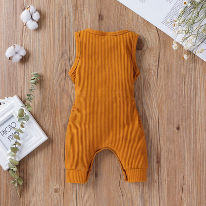 Baby Ribbed Knitted Graphic Belted Design Sleeveless Crotch Rompers