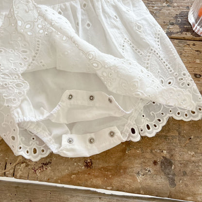 Baby Girl Solid Combo Embroidered Short-Sleeved Square Collar Dress