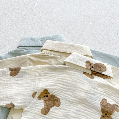 Baby Boy Solid Color & Bear Print Shirt Single Breasted Design