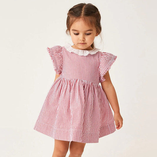 Spring And Summer Baby Girls Ruffle Collar Short Sleeves Striped Dress