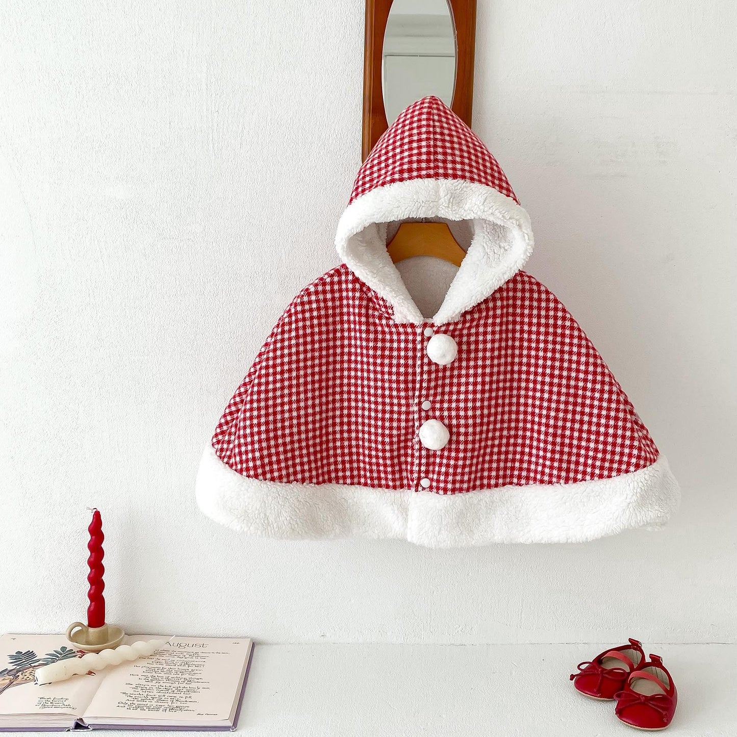 Christmas Baby Girl Red Grid Thick Warm Long Sleeves Winter Cloak