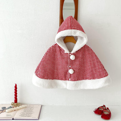 Christmas Baby Girl Red Grid Thick Warm Long Sleeves Winter Cloak