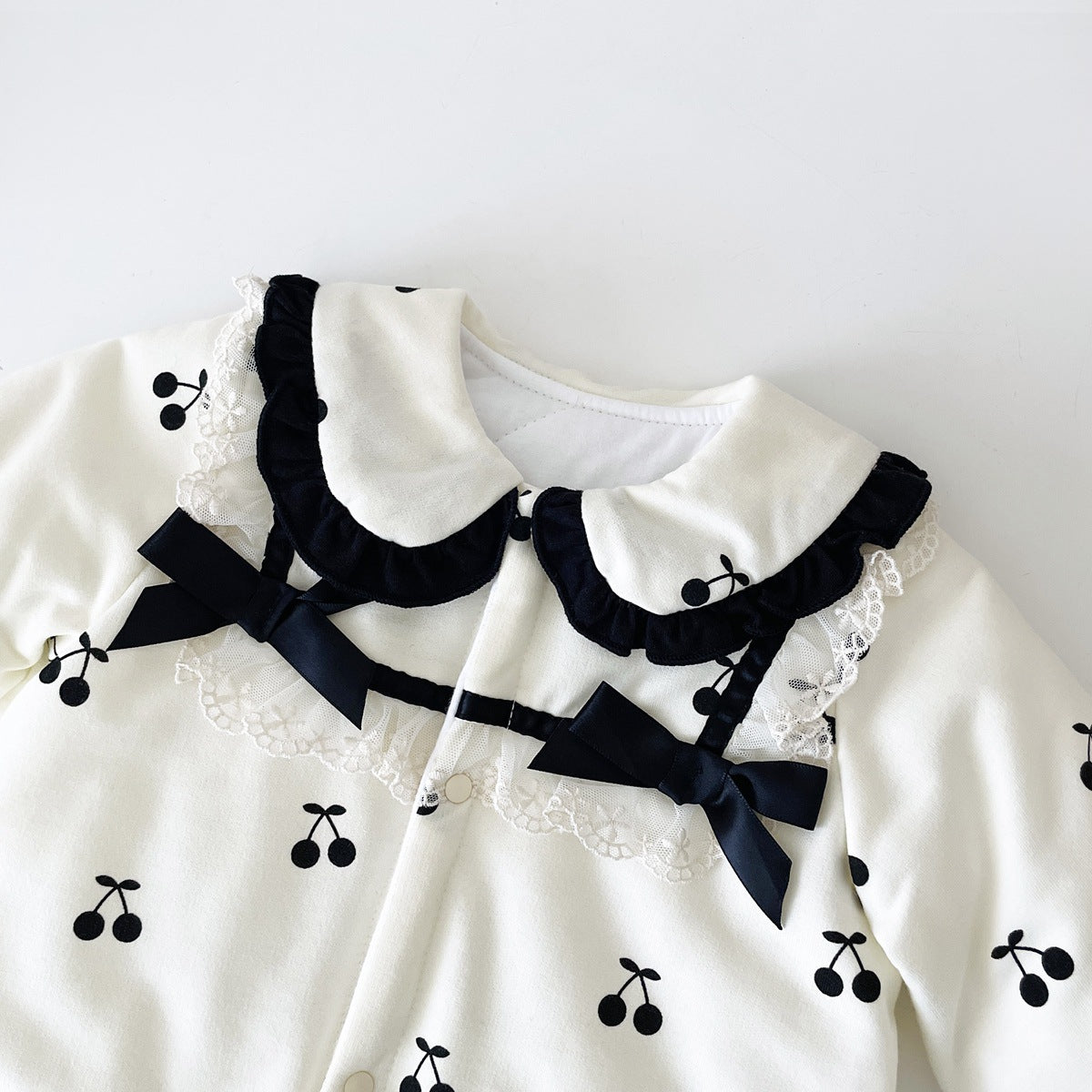 Baby Girl CHerry Pattern Mesh Patched Design Thermal Romper