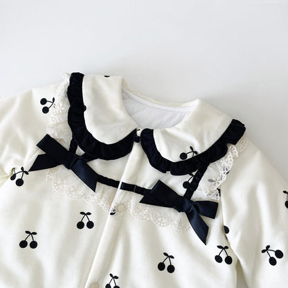 Baby Girl CHerry Pattern Mesh Patched Design Thermal Romper