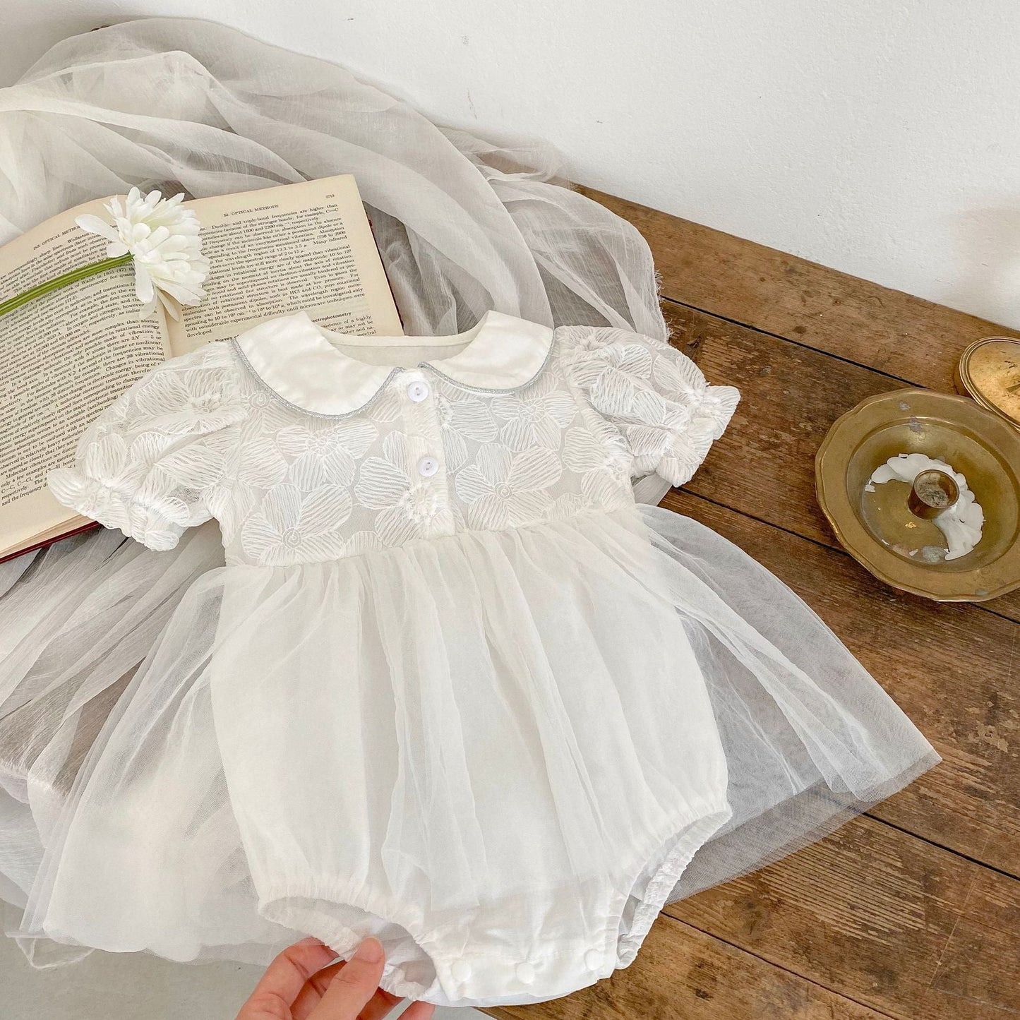 Baby Girl Solid Color Mesh Patched Design Summer Onesies Dress