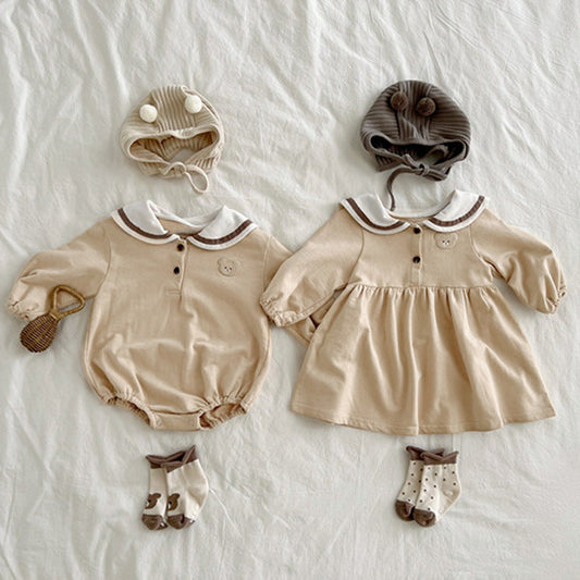 Baby Cartoon Bear Pattern Lapel Cute Long Sleeve Dress & Onesies