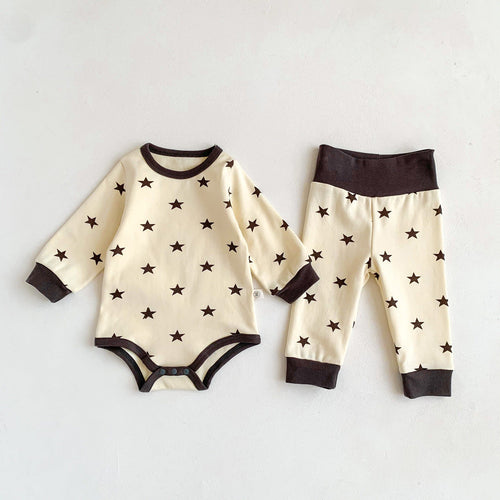 Baby Print Pattern Crewneck Long Sleeve Tops With Pants Sets