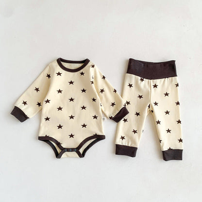 Baby Print Pattern Crewneck Long Sleeve Tops With Pants Sets