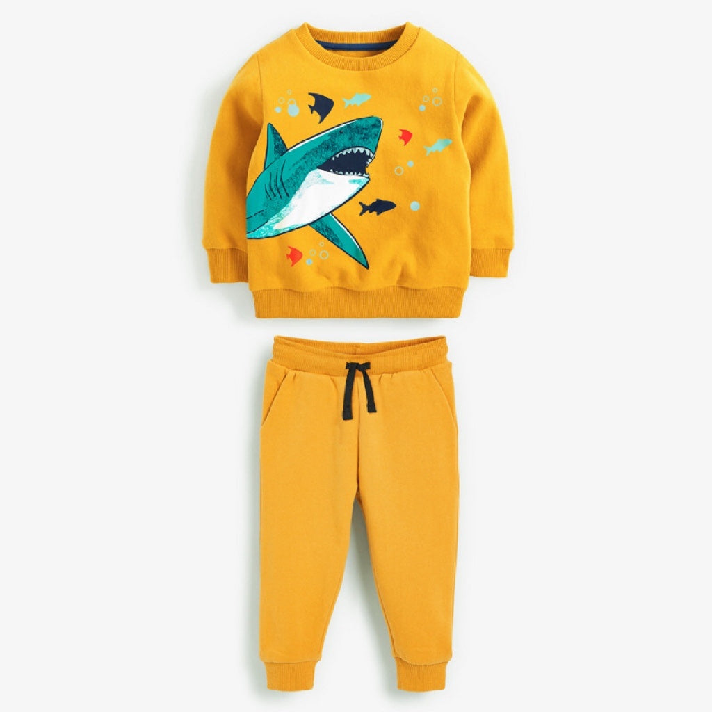 Baby Boy Cartoon Shark Graphic Hoodie Combo Solid Yellow Trousers