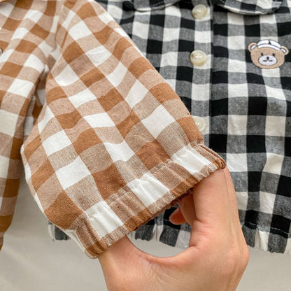 Baby Checkerboard Pattern Bear Patched Design Coat
