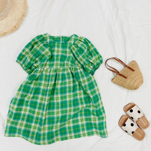 Baby Girls Plaid Pattern Pull-Sleeved Design O-Neck Long Dress In