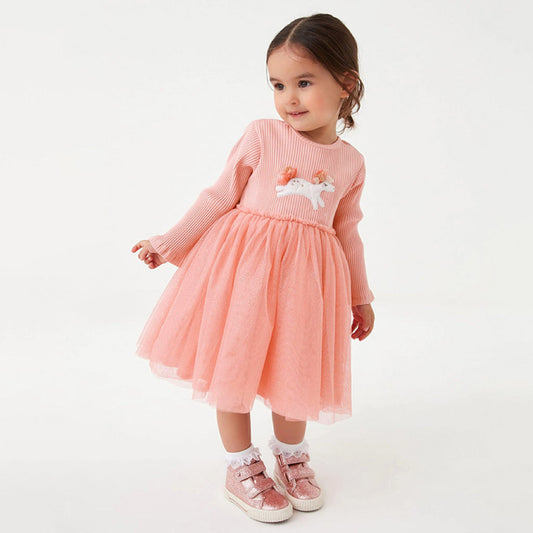 Solid Color Embroidered Design Long Sleeve Dress