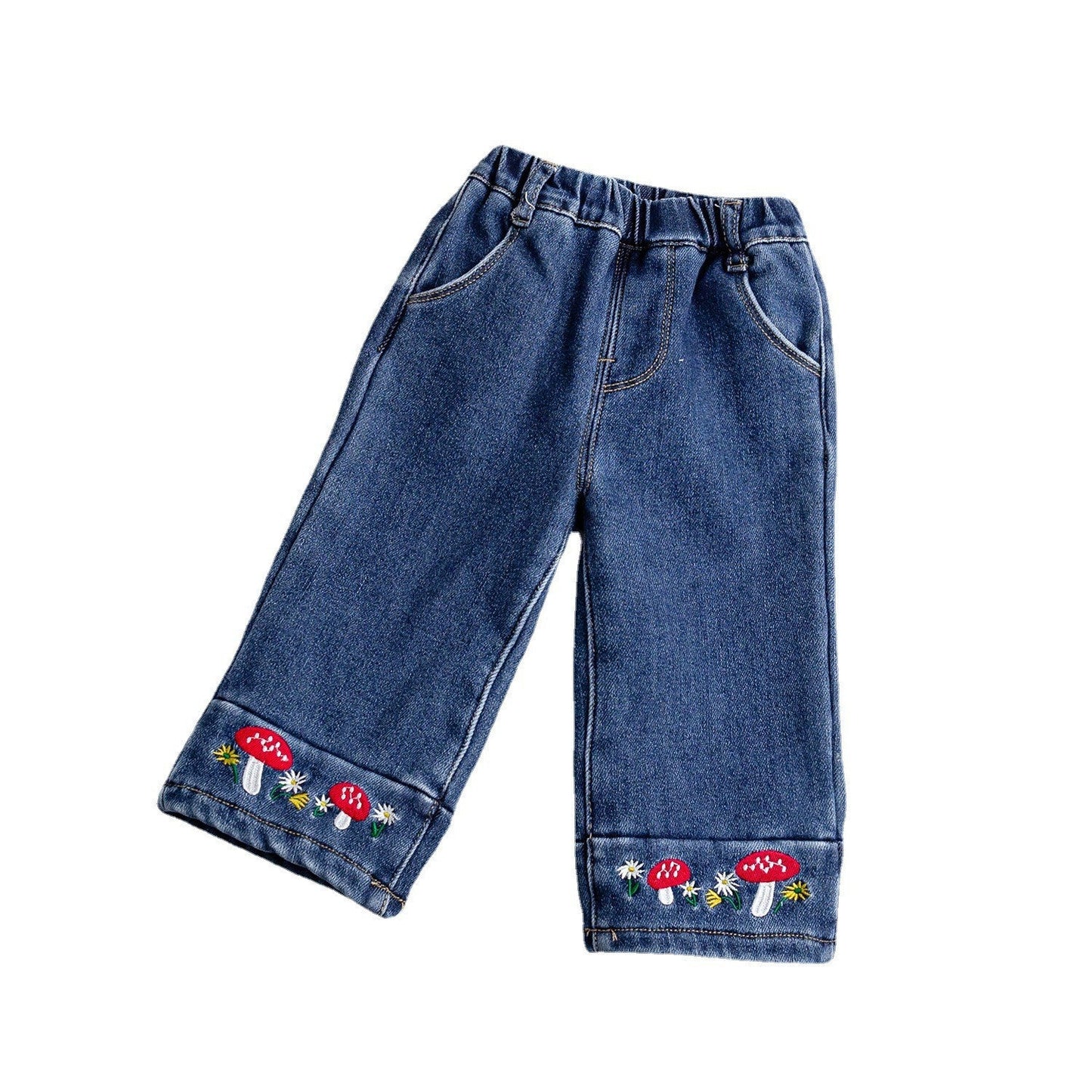 Baby Girl Embroidered Pattern Thickened Fleece Denim Pants