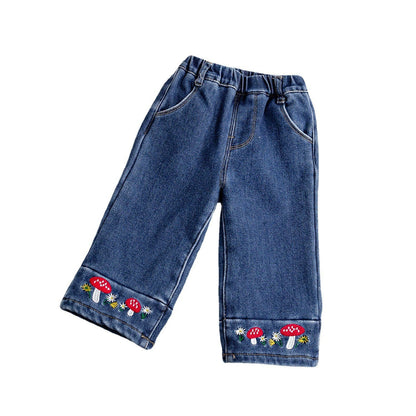 Baby Girl Embroidered Pattern Thickened Fleece Denim Pants