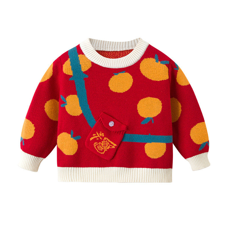 Baby Fruit Pattern False Bodycross Bag Design Pullover Sweater